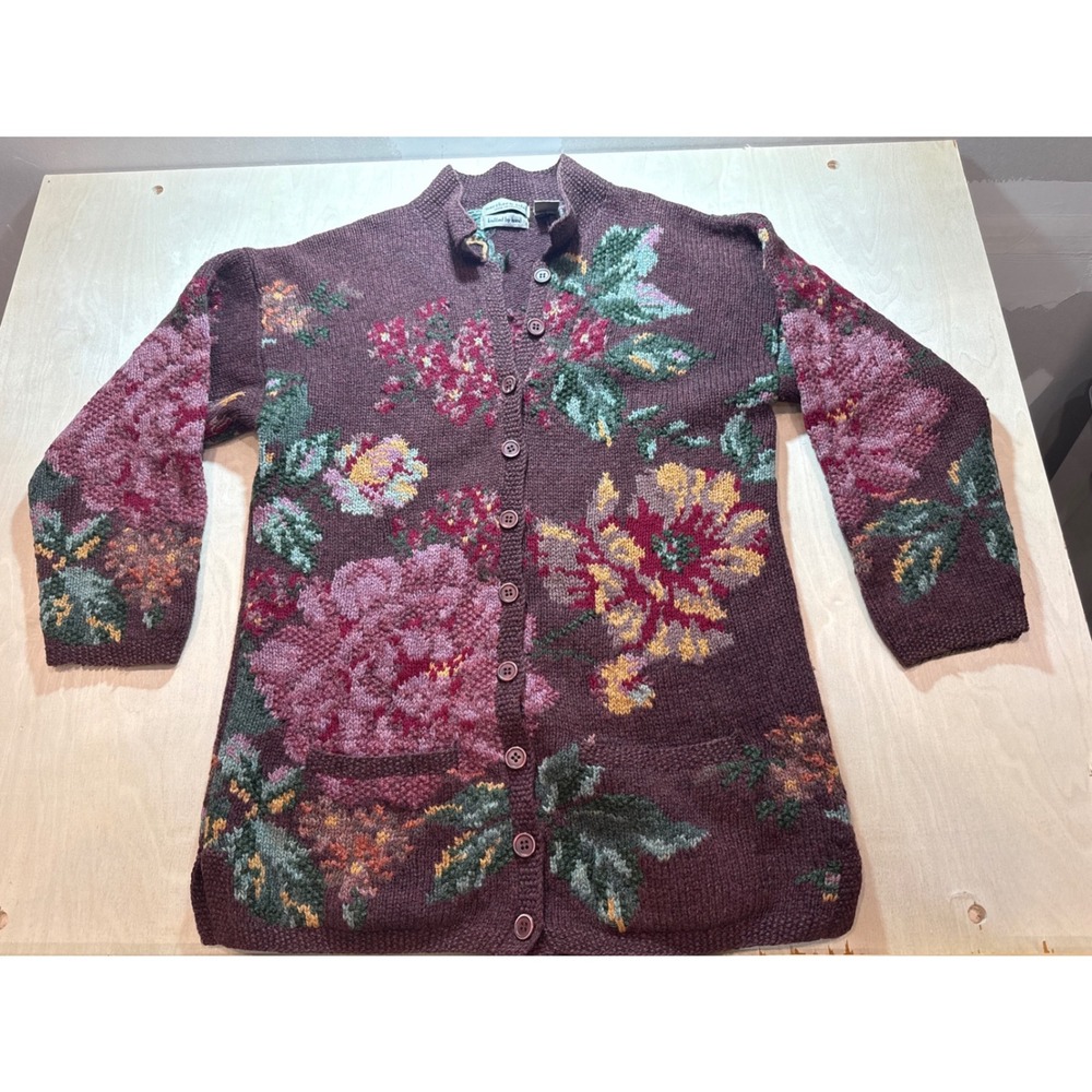 Vintage Northern Isles Hand Knit 100% Wool Floral Cardigan Sweater Burgundy M